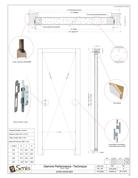 Bloc porte coupe feu EI 30 huisserie bois dur 68/57